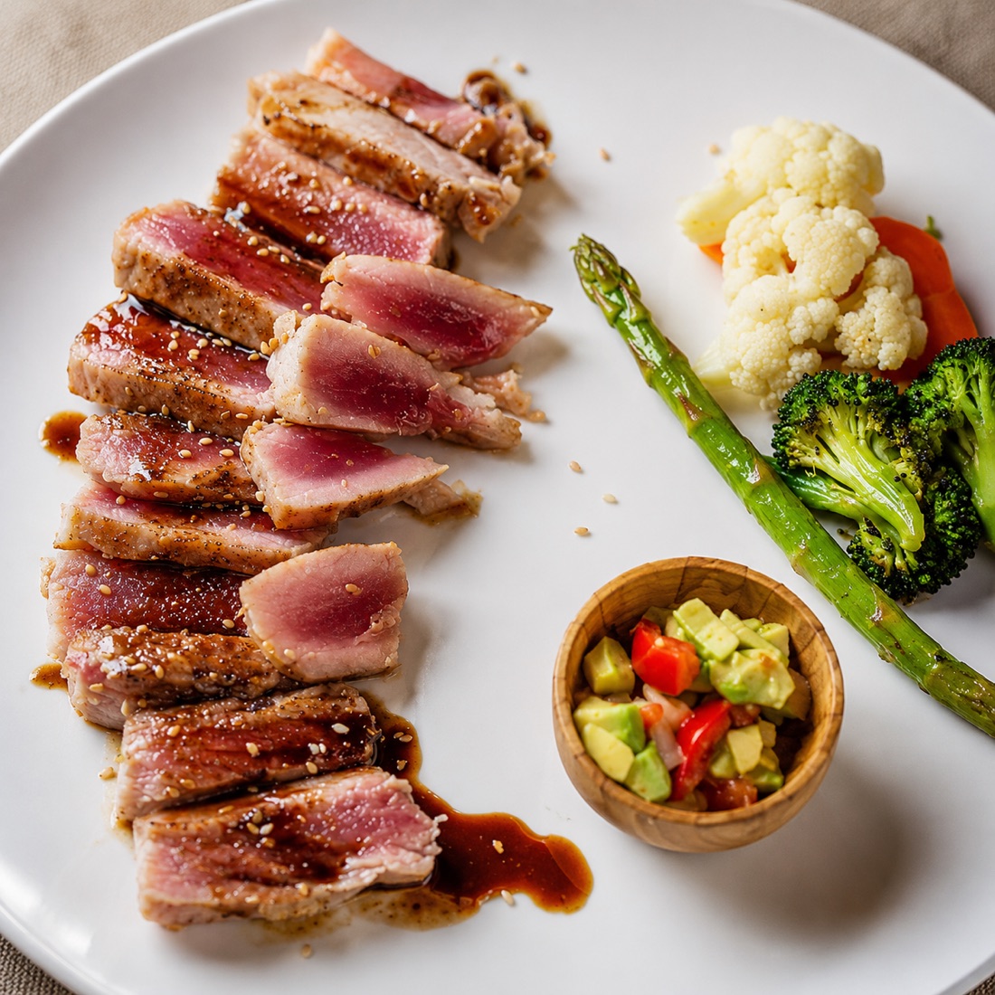 Atún sellado con verduras de temporada