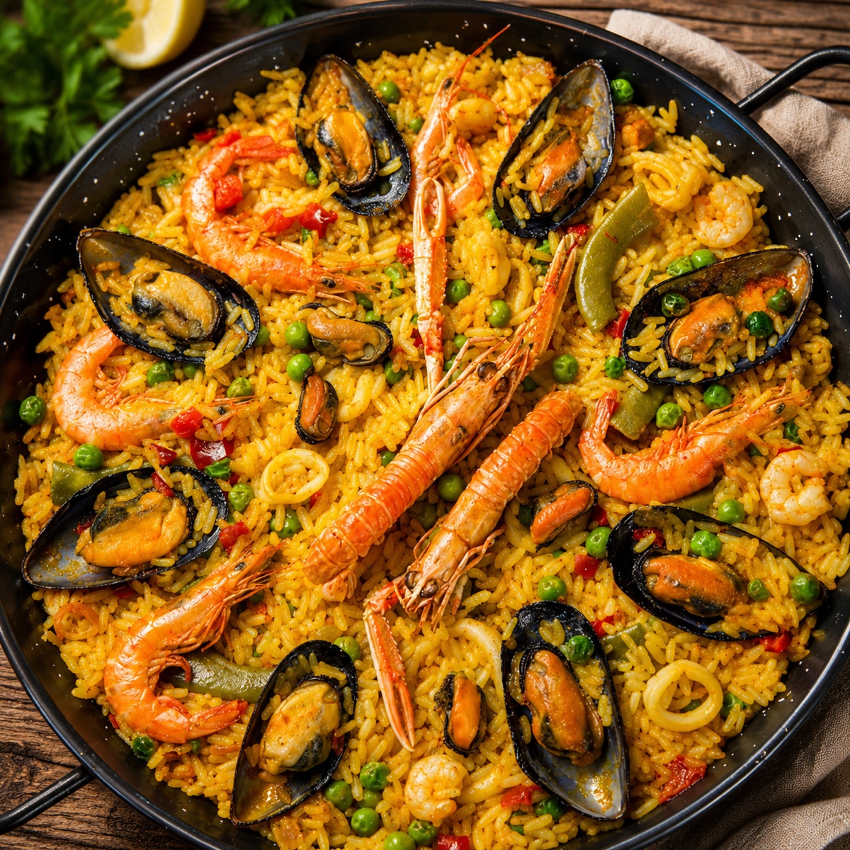 Paella tradicional con mariscos
